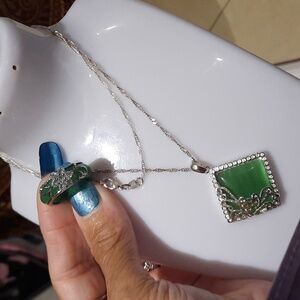 Elegant Green Jade Crsytal Necklace 16" & Floral Bridge Ring 7.5 Rhodium